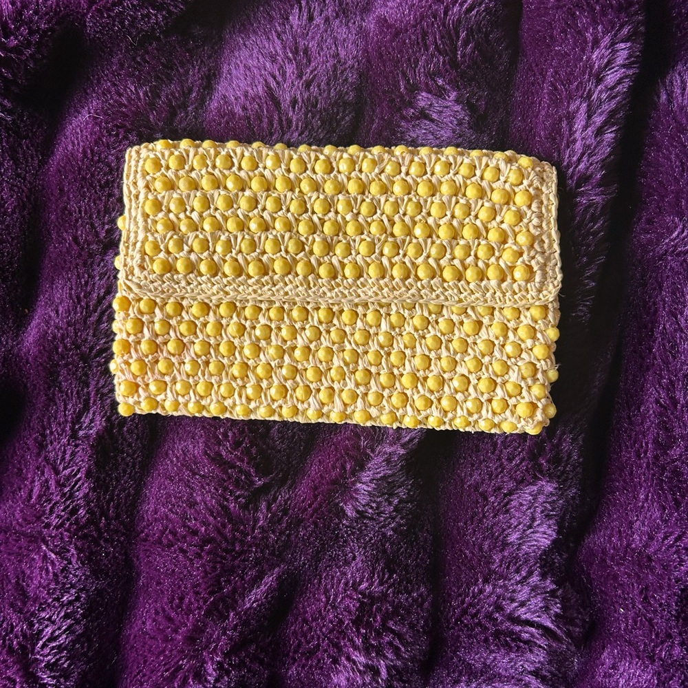 Vintage Yellow Plastic Beaded Clutch Raffia 60’s/70’s